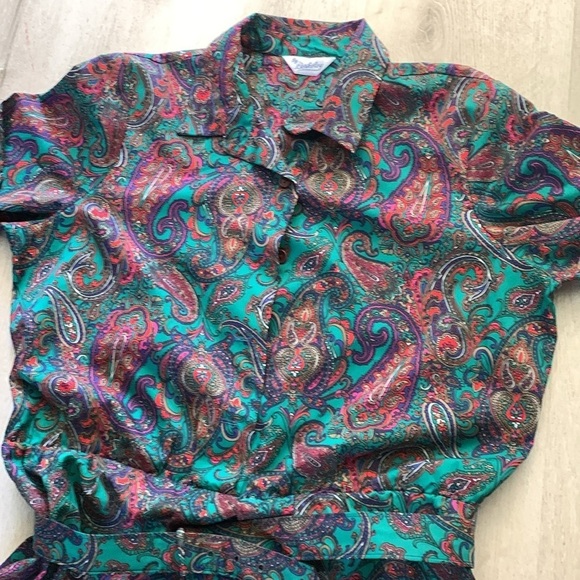 By Berkeley Vintage 50s Retro Jewel Tone Paisley Print Belted Midi Dress 14 - Picture 9 of 11
